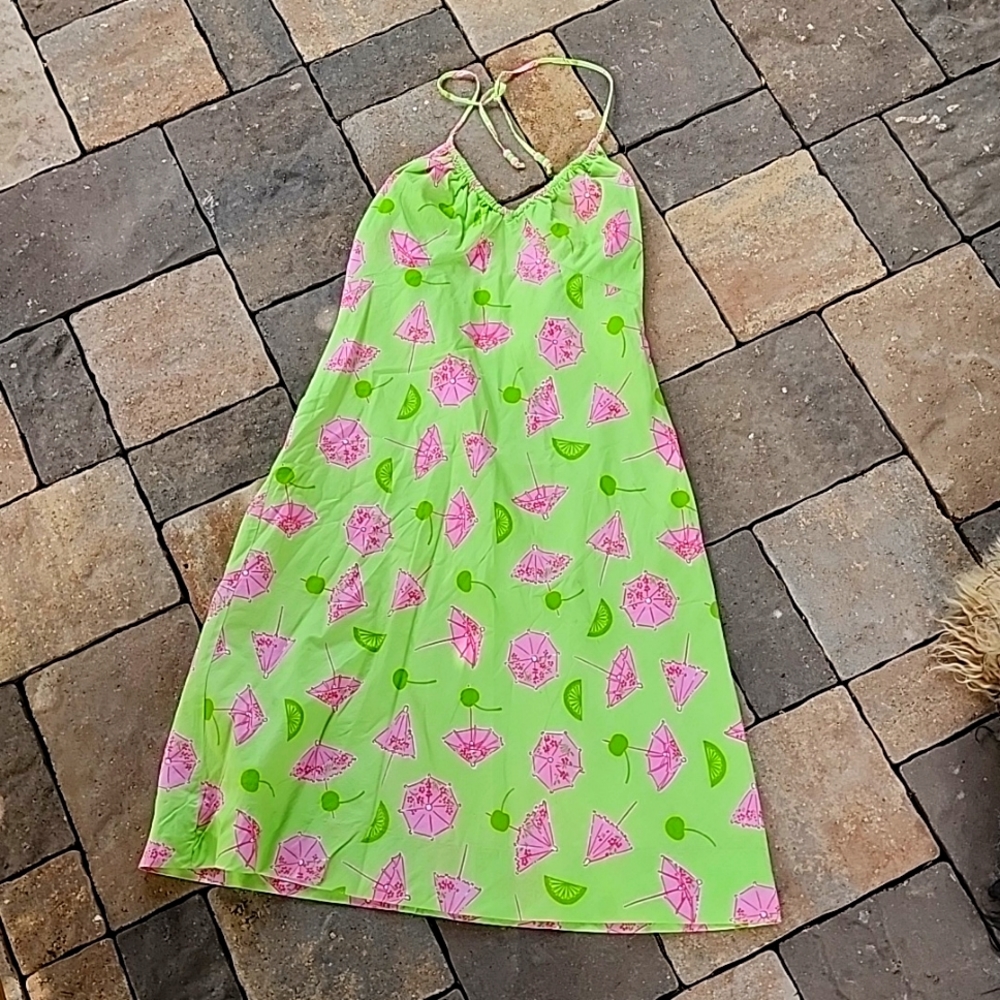 Lime green Lilly dress with pink umbrellas